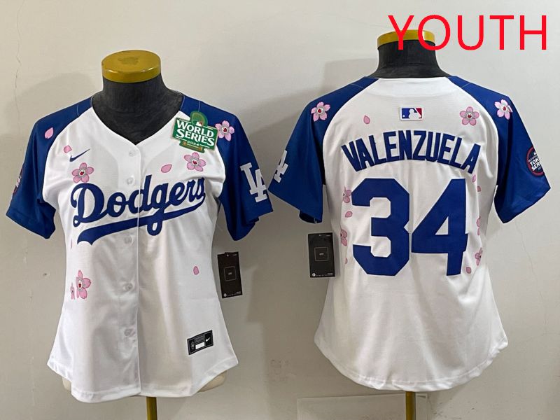 Youth Los Angeles Dodgers 34 Valenzuela White Blue Sakura Edition 2025 Nike MLB Jersey style 34